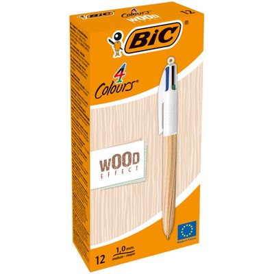 BIC 4 Couleurs WOOD - 12 Stylos à bille 4 couleurs - corps naturel