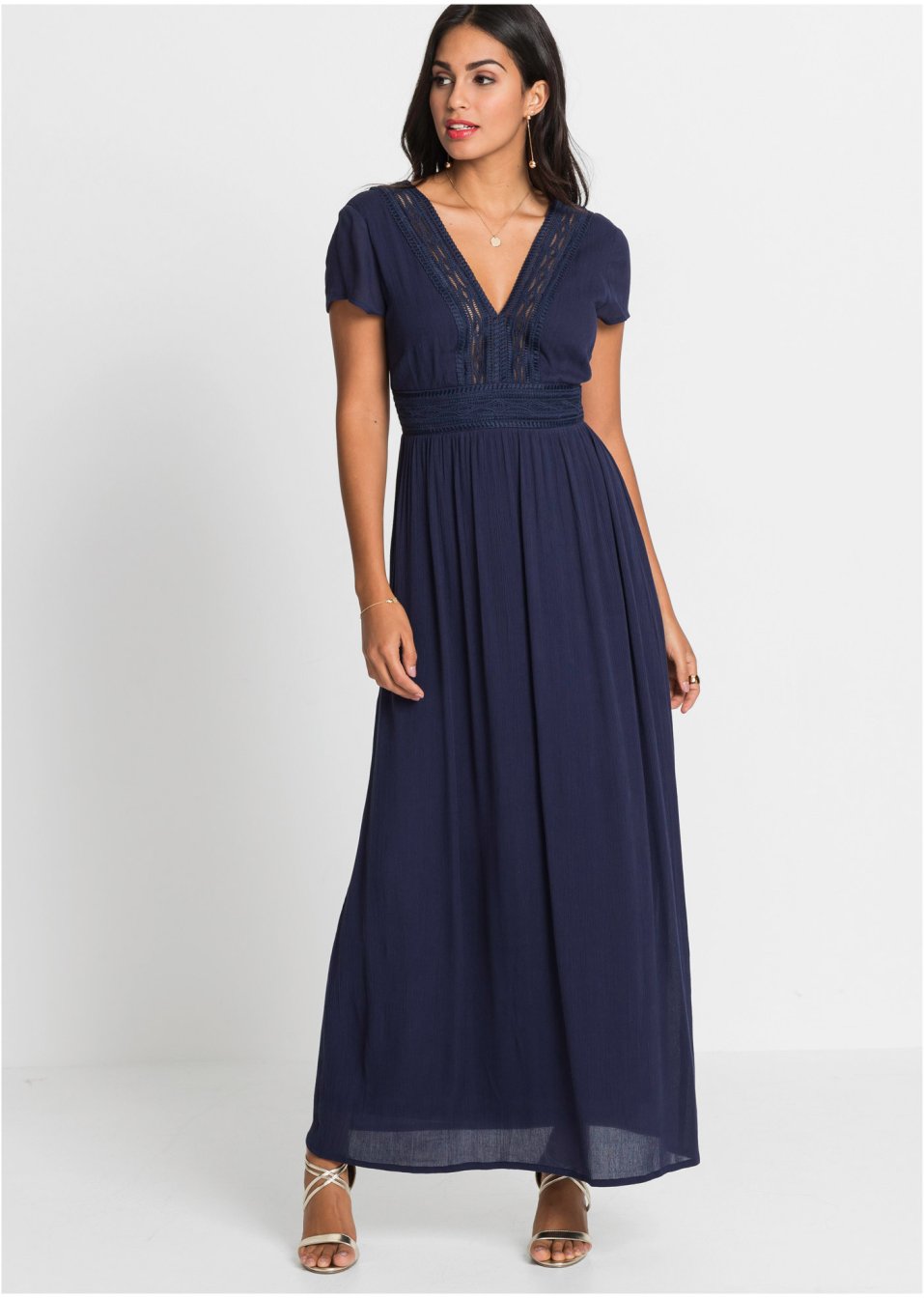 Robe longue estivale à dentelle, taille courte