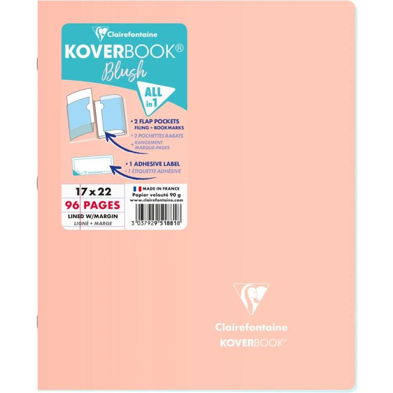 Cahier piqué Koverbook Blush 17x22cm 96 pages ligné + marge couverture polypropylène opaque Couleur aléatoire - Assortis