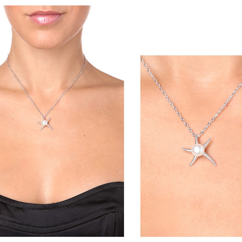 Pendentif Femme Etoile de Mer Perle de culture d'eau douce Blanche et Argent 925/1000