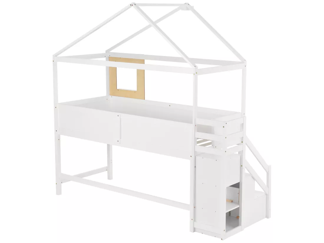 Lit mezzanine cabane 90x200cm avec escalier de rangement(3 tiroirs) en bois massif - Blanc
