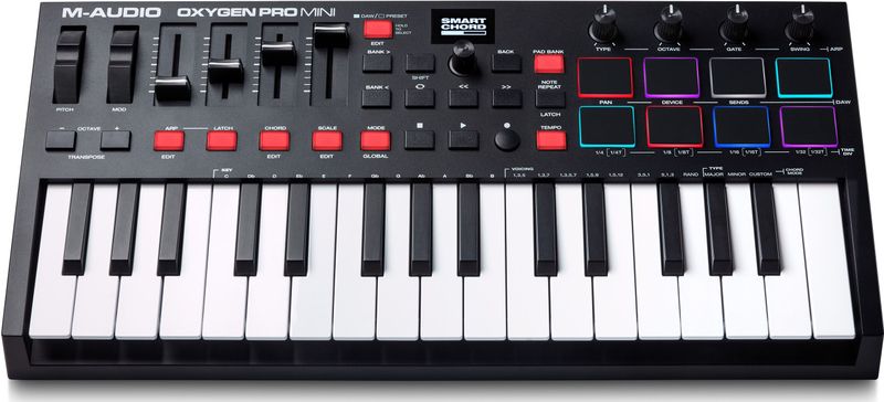 M-AUDIO Oxygen Pro Mini - USB MIDI-keyboardcontroller - 32-toetsen - Met Beatpads en Toewijsbare Knoppen