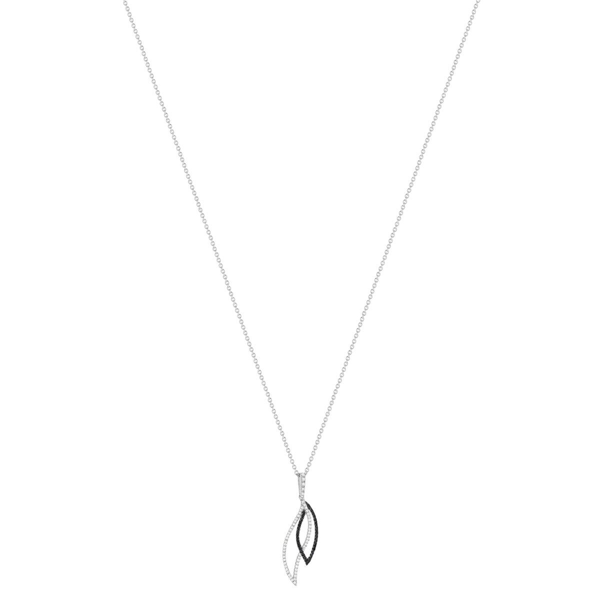 Collier argent 925  spinelles noires zirconias motif feuille 45 cm