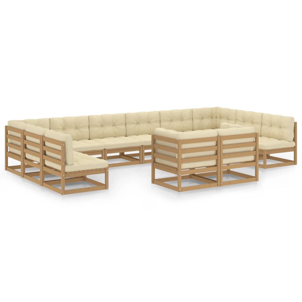 Salon de jardin meuble d'extérieur ensemble de mobilier 12 pièces avec coussins marron miel bois de pin