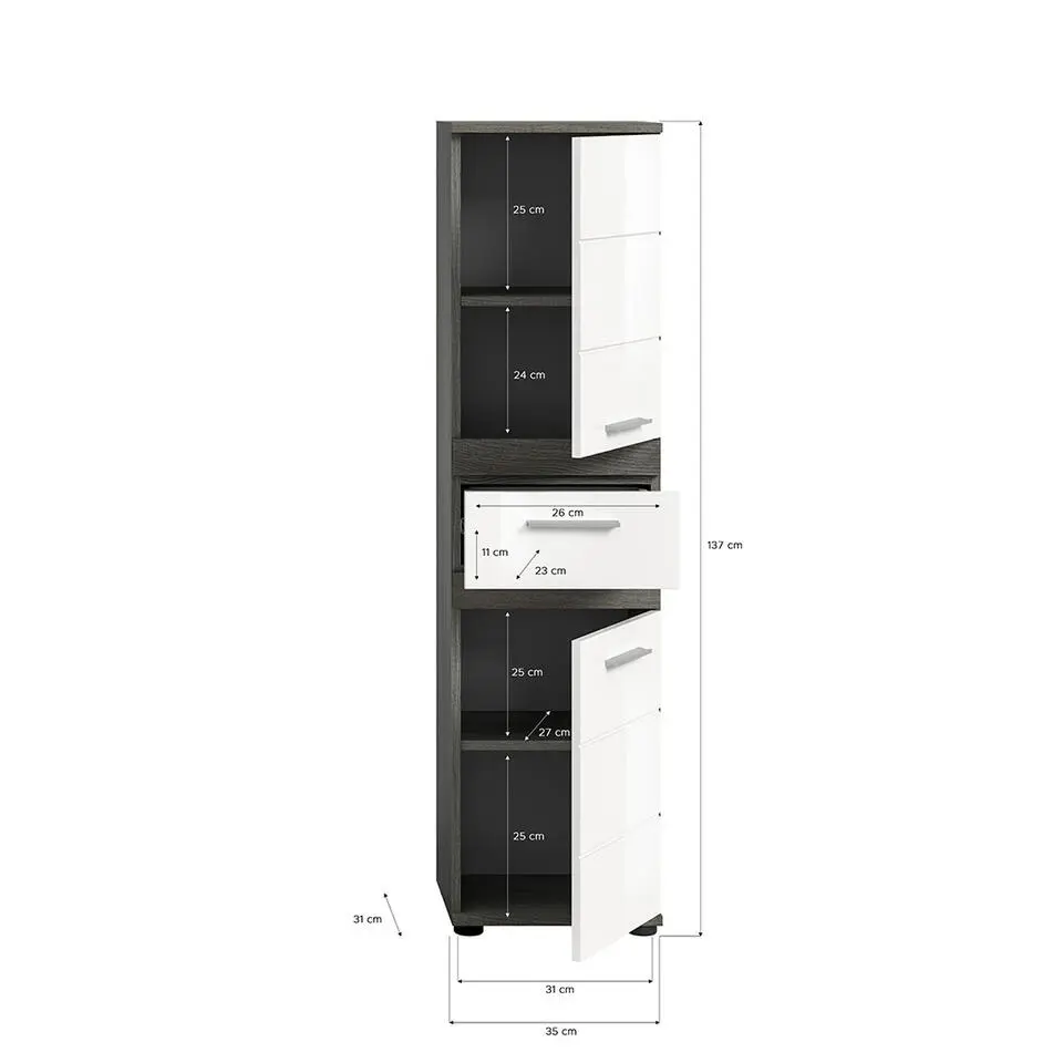 Hioshop Blake kolomkast 1 lade 2 deuren wit hoogglans- grijs