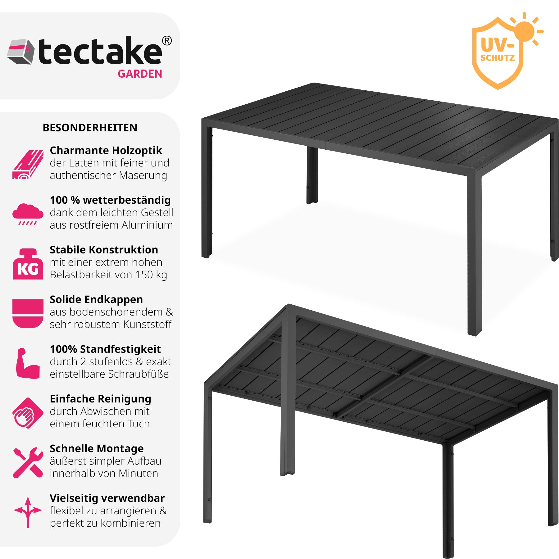 tectake® Gartentisch, aus Aluminium und Kunststoff, wetterfest und UV-beständig, 150 x 90 x 74,5 cm