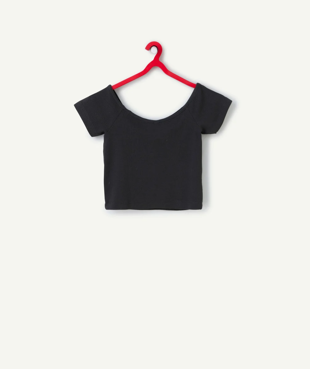t-shirt col bardot fille en coton bio côtelé noir