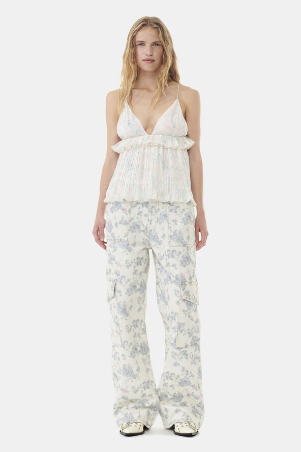 Ganni Pleated Georgette Strap Top Tofu