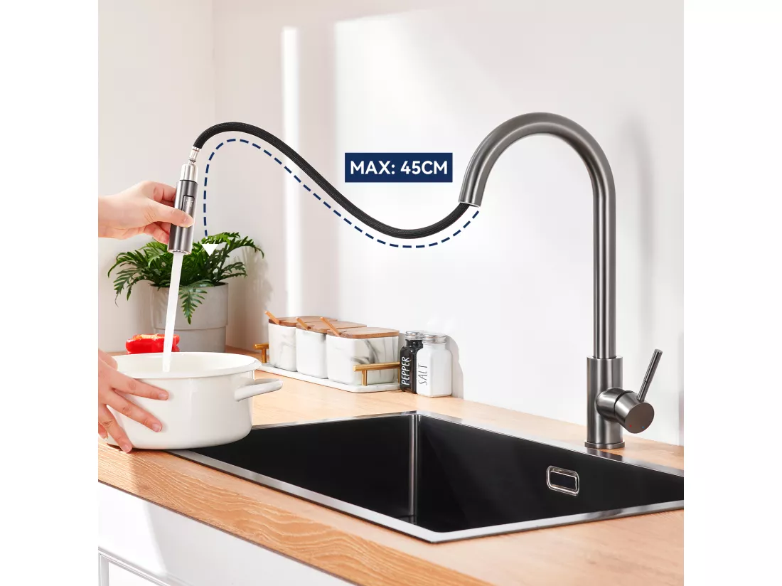 LONHEO MAX Mitigeur de Cuisine Gris 7-Forme avec 2 Fonctions Douchette Extractible Robinet d'évier Rotatif à 360° en Inox avec Barboteur démotable