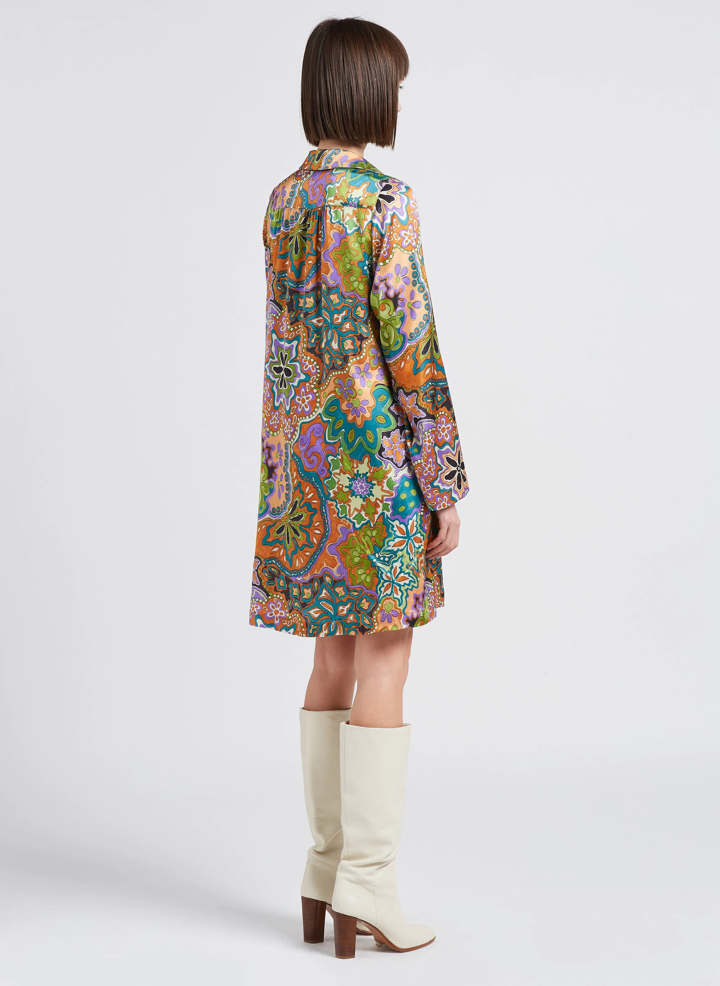EDMONDE - Robe courte col classique imprimée en soie mélangée| Multicolore