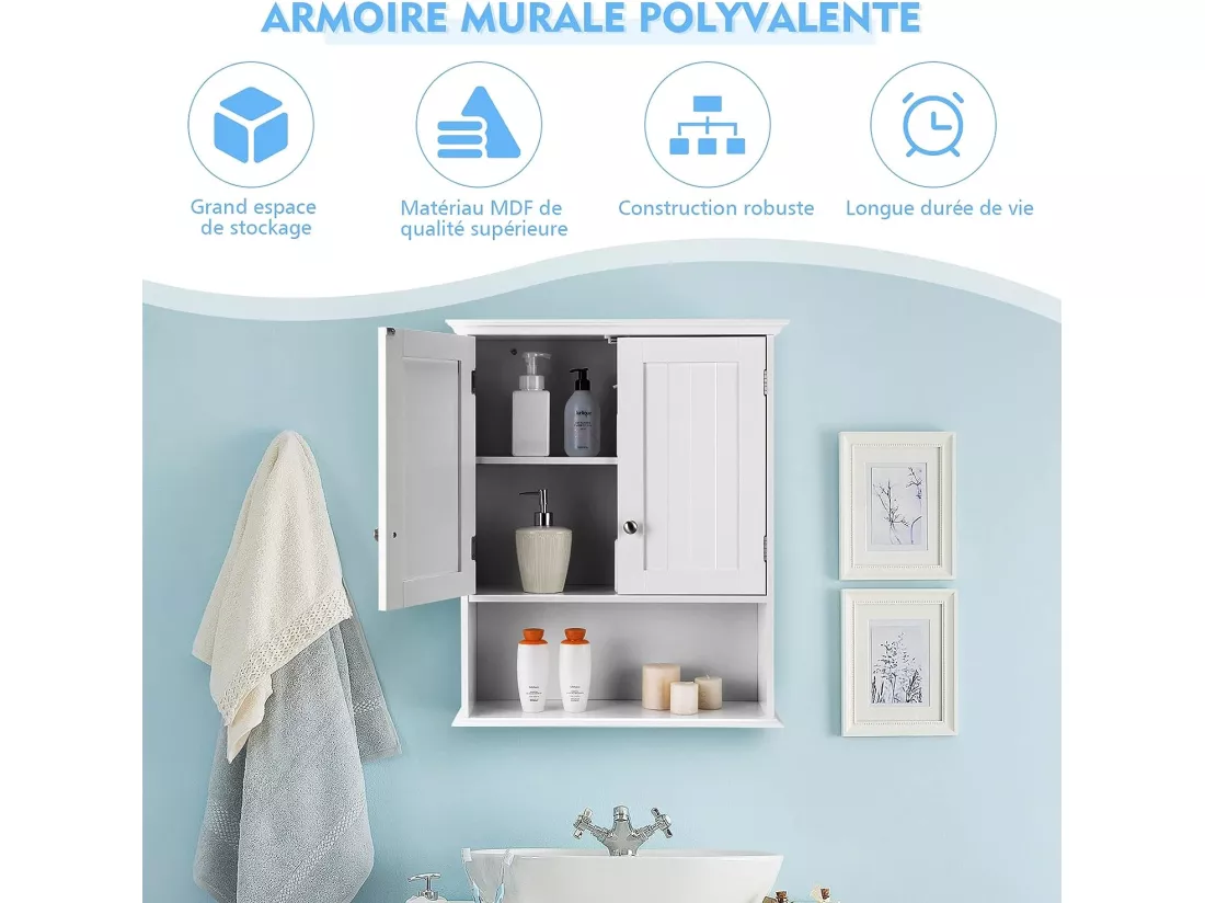 Meuble de salle de bain, armoire murale avec 2 portes et 3 étagères réglable，60x19x71cm