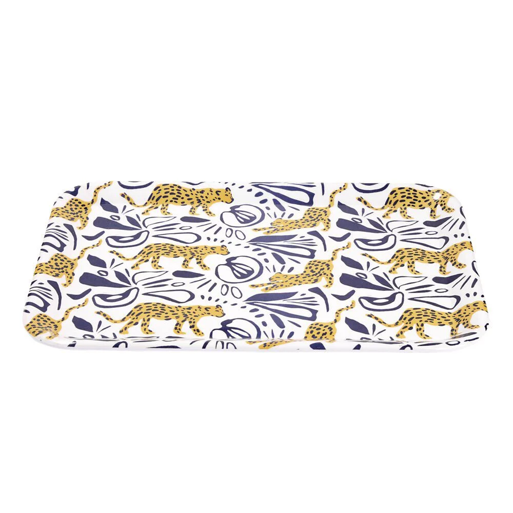 Plateau rectangulaire motif léopard blanc et bleu 27x38cm