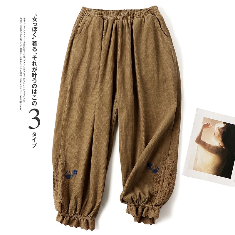 CosmoCorner - Corduroy Harembroek met elastische taille en bloemenaccent