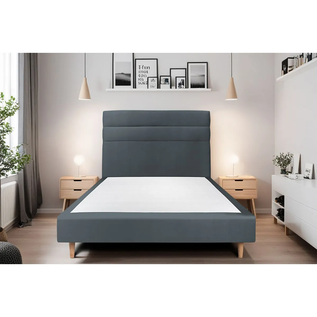Lit Sommeil de plomb 135x190cm - Tête lignes Gris anthracite