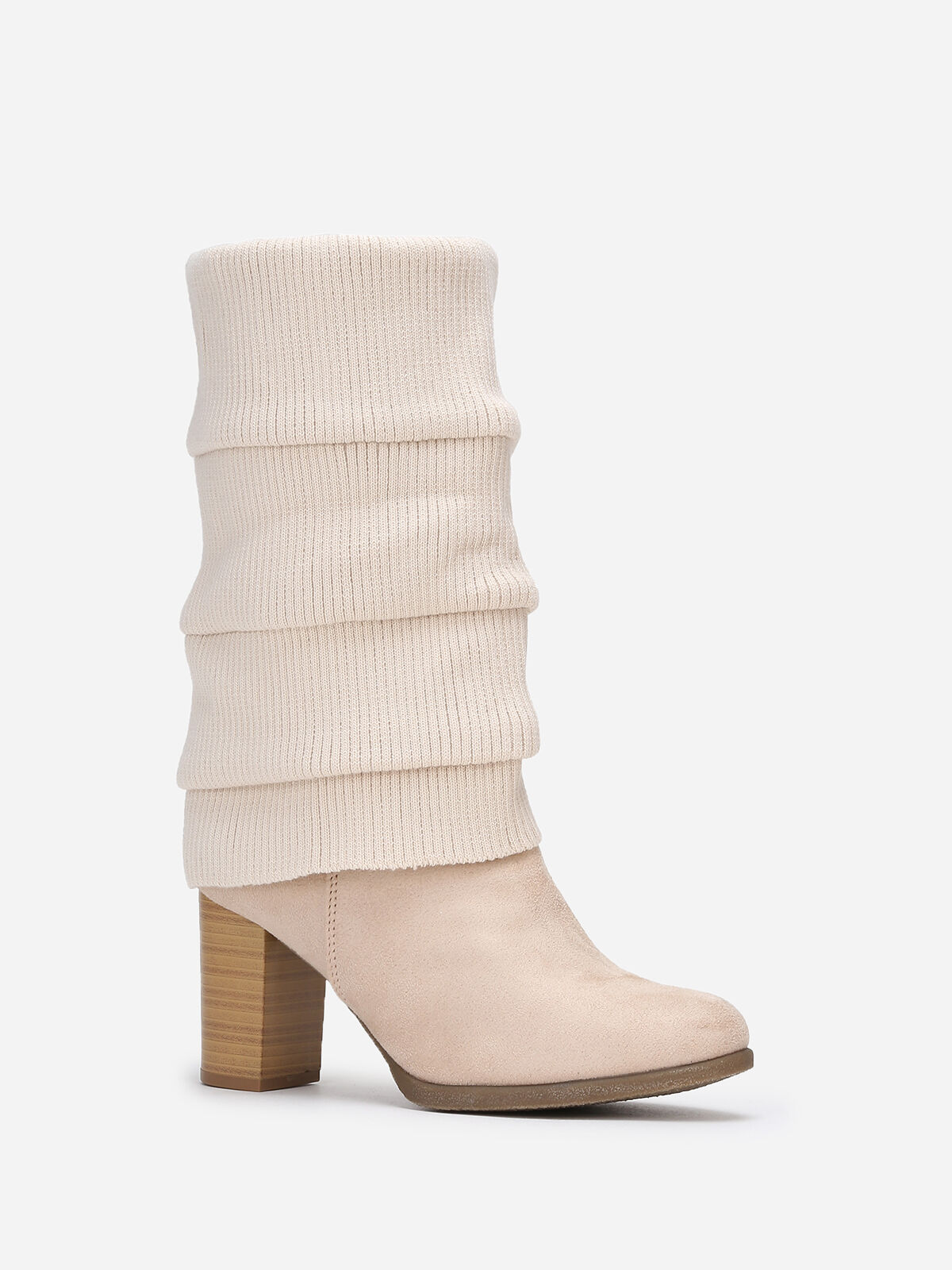 Bottes à talon en suédine et maille- Beige