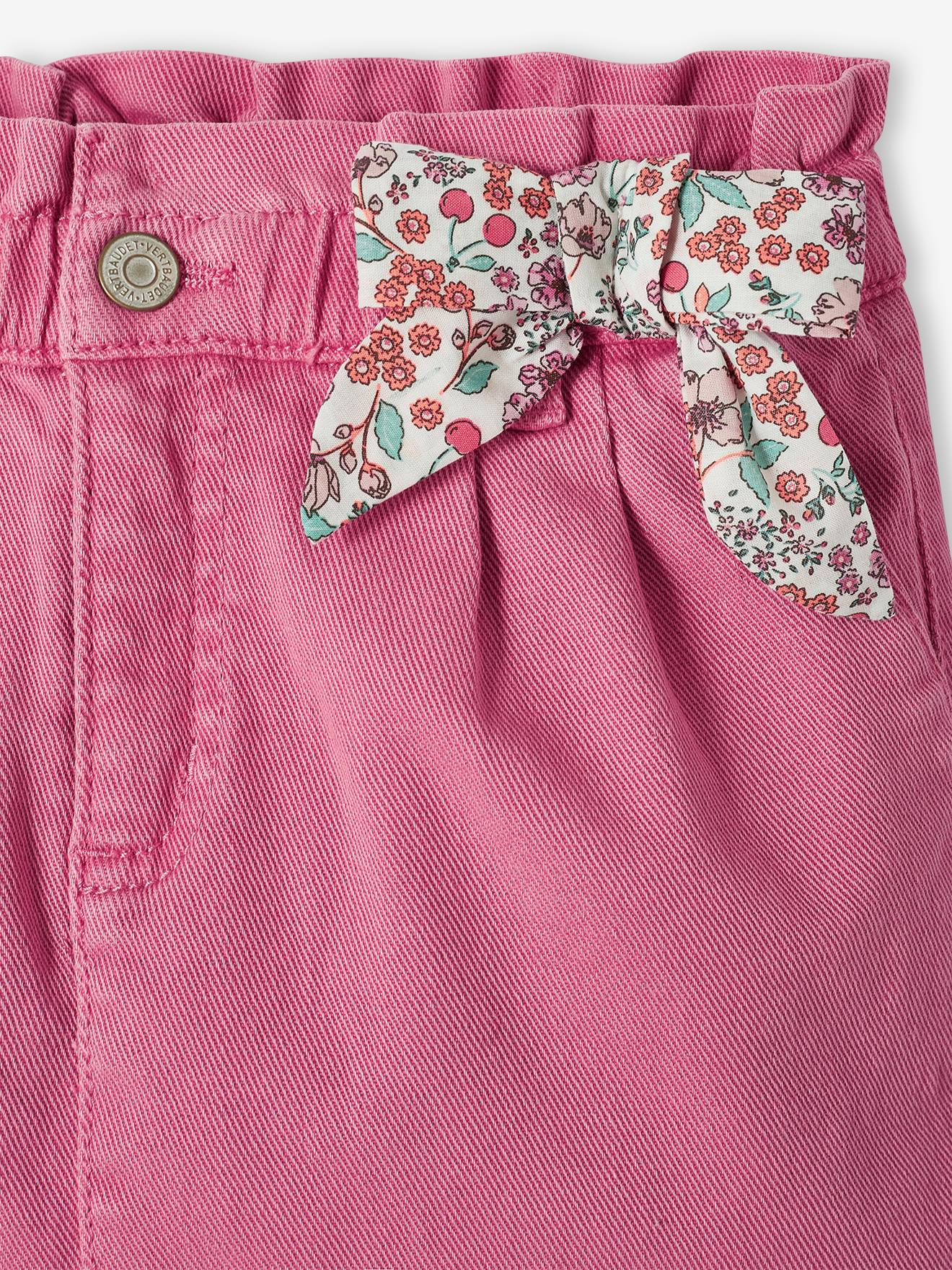 Falda «paperbag» con lazo fantasía estampado de flores para niña rosa chicle