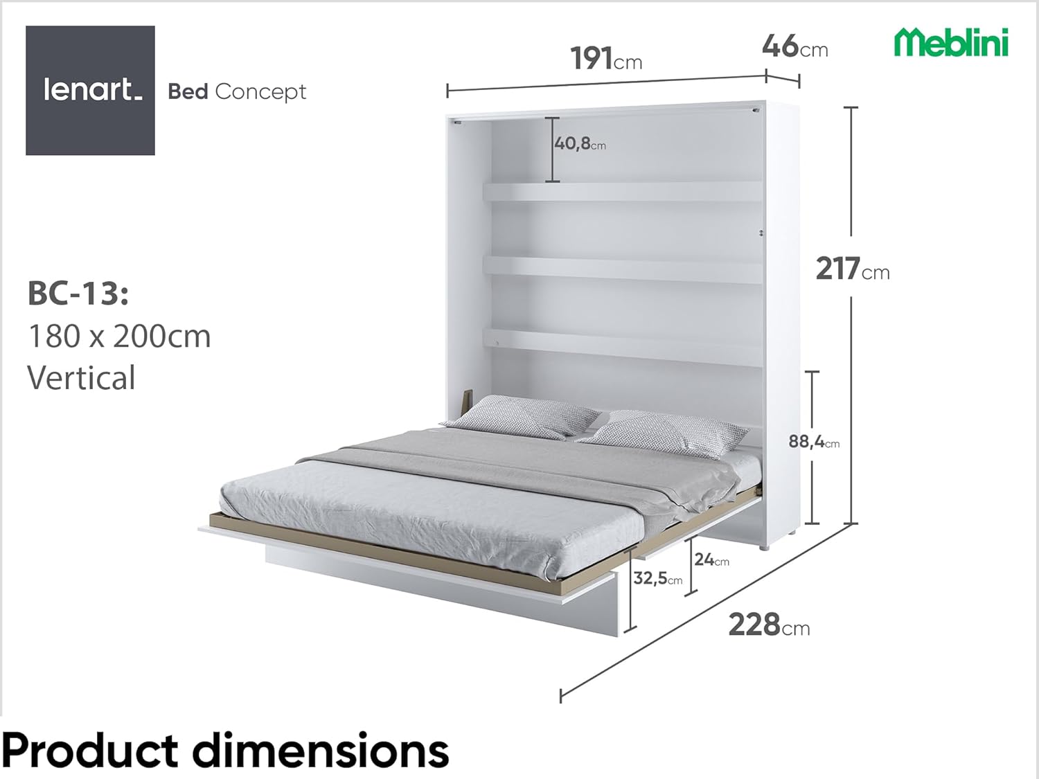 MEBLINI Schrankbett Bed Concept - Wandbett mit Lattenrost - Klappbett mit Schrank - Wandklappbett - Murphy Bed - Bettschrank - BC-13-180x200cm Vertikal - Weiß Hochglanz/Weiß