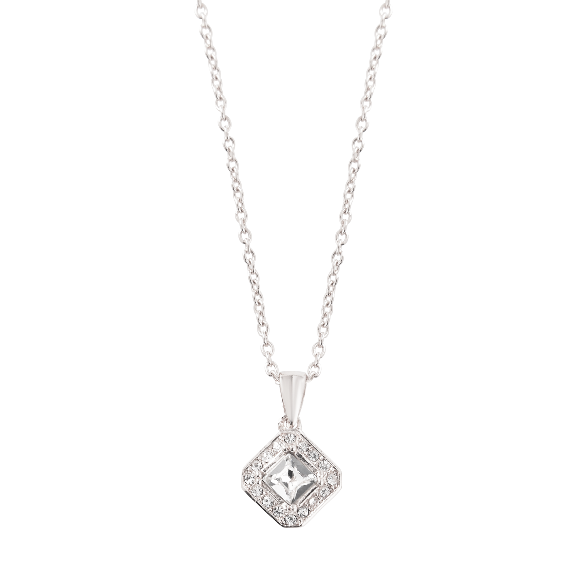 (48cm) Damen Halskette mit Kristall Strass Stein Anhänger Eckig - Silber
