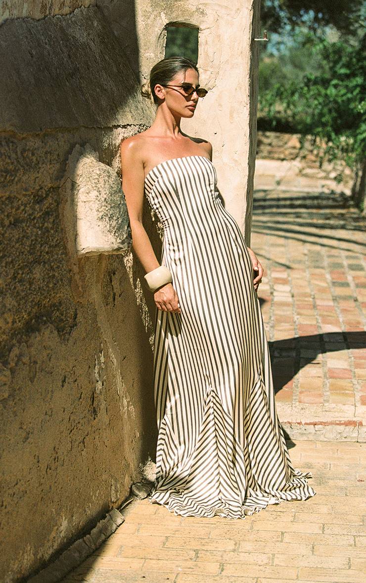 Vert Olive Robe Maxi Bandeau Satinée À Rayures