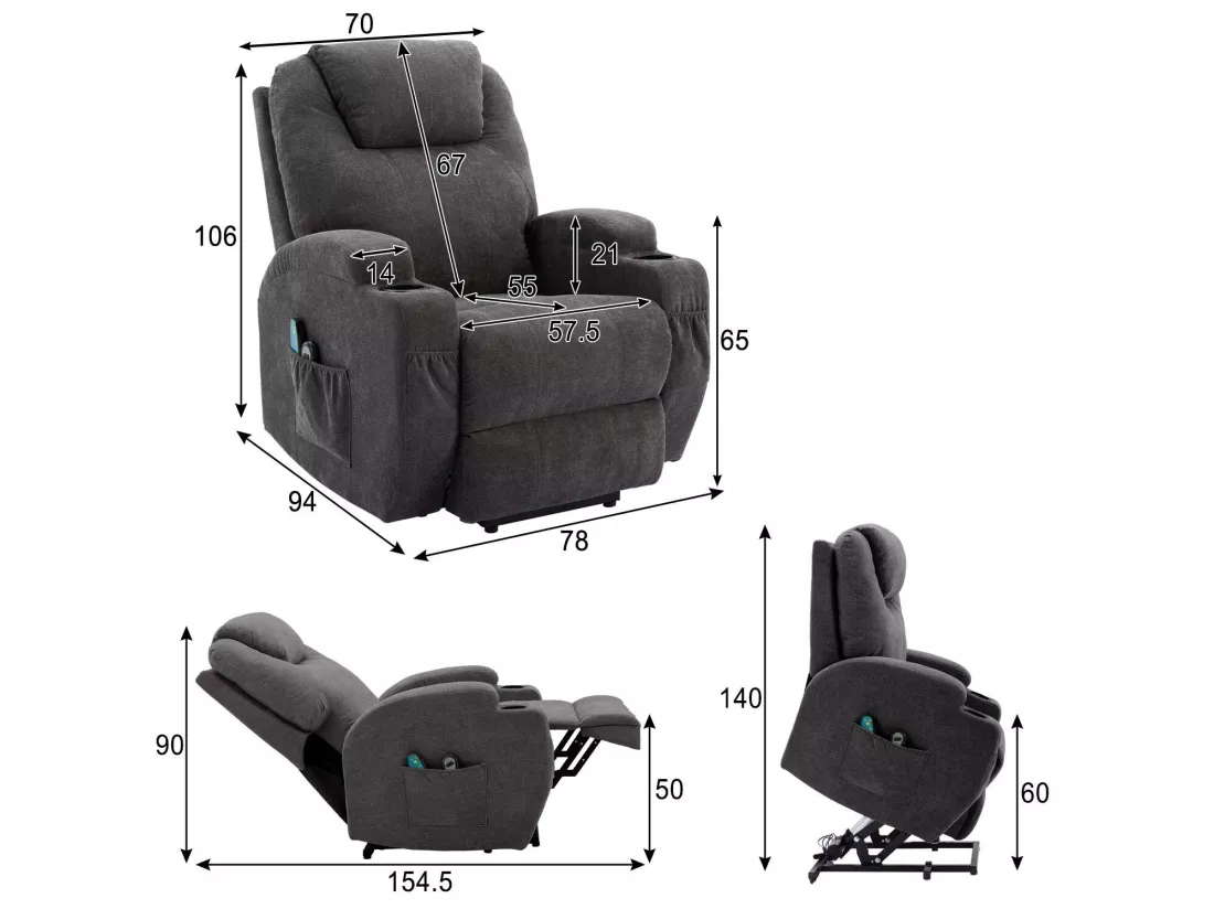 Fauteuil relax électrique avec fonctions de chauffage et de vibration - 2 porte-gobelets et poches latéralles - Gris