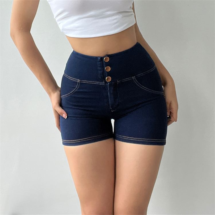 Arigne - Yogashorts met hoge taille en gewassen denim