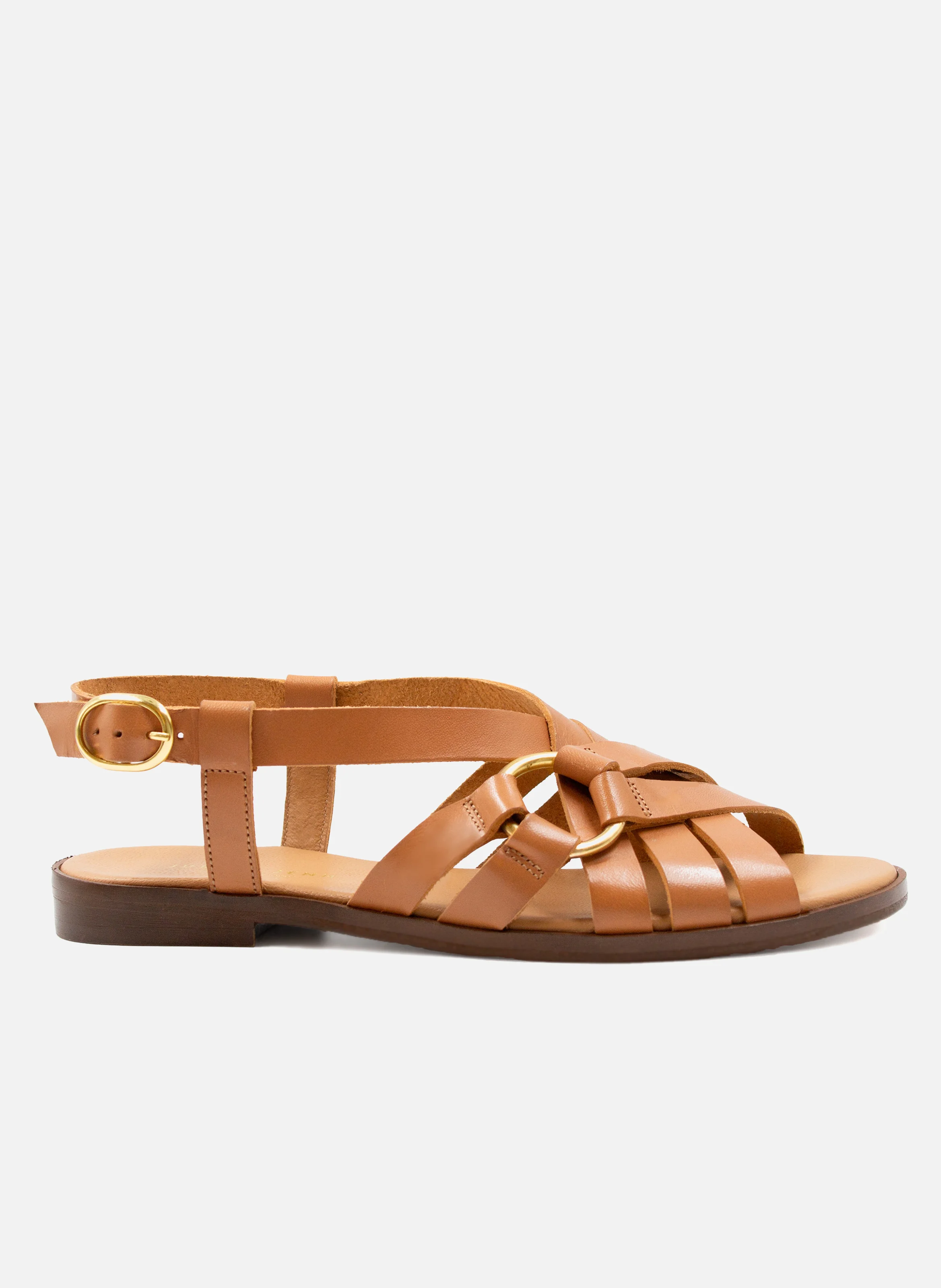 Sandales plates anneau cuir lisse | Marron