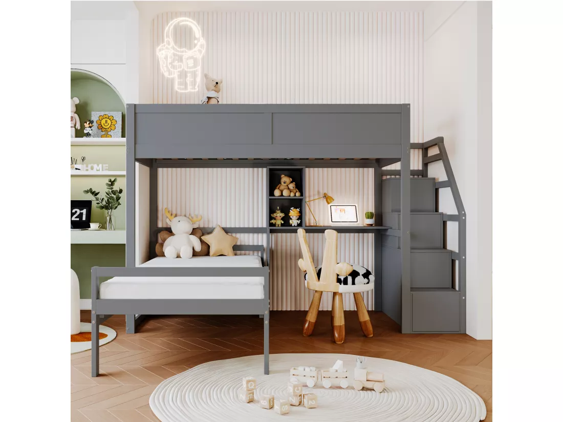 Lit superposé 90x200cm en bois massif - avec escalier de rangement et bureau - Gris