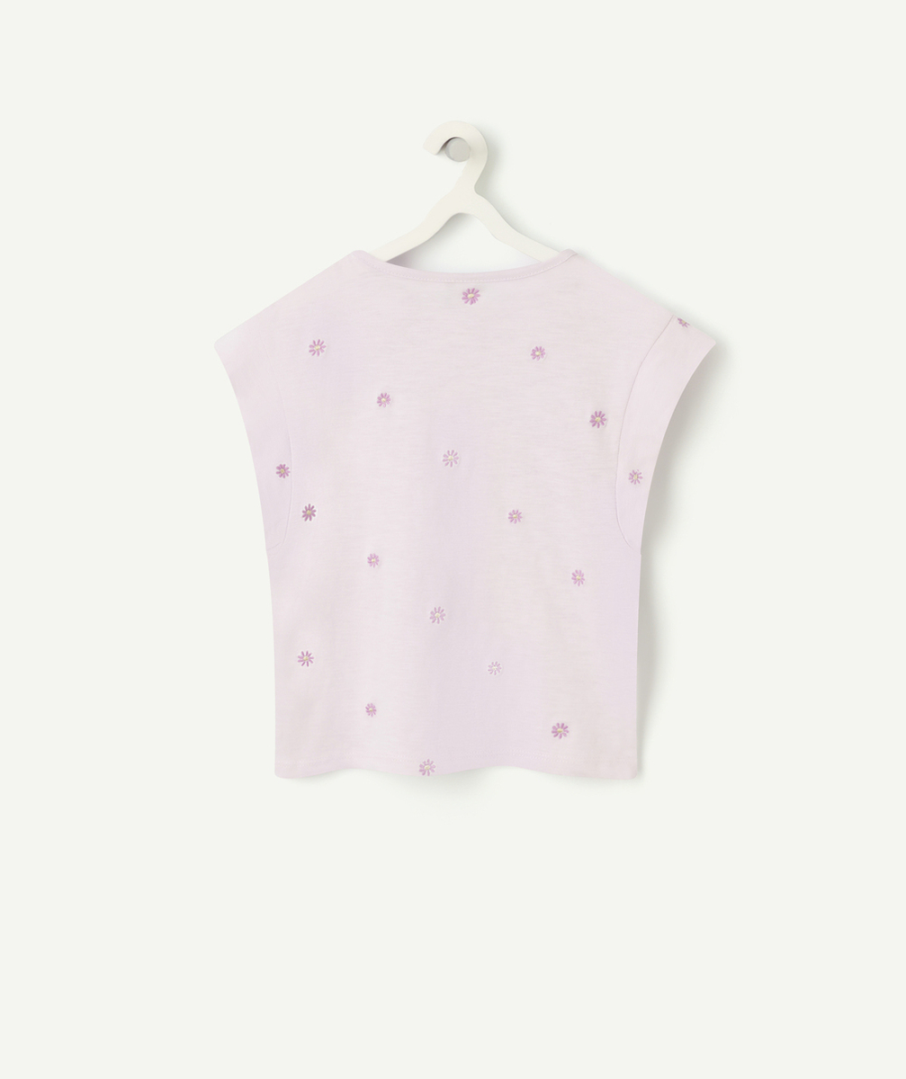 t-shirt manches courtes fille en coton biologique lila avec marguerite brodé