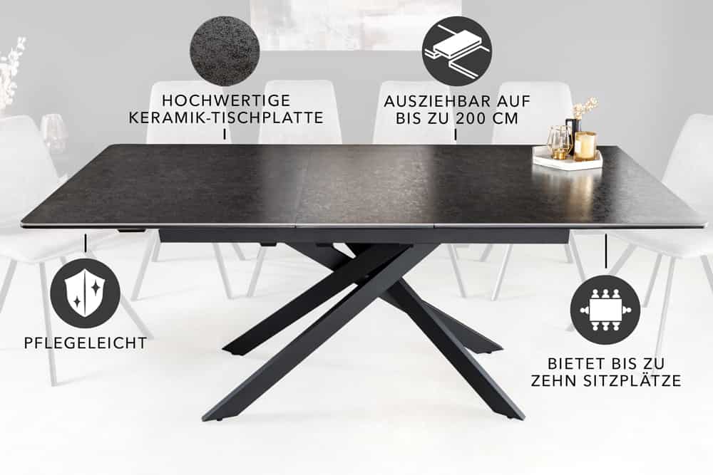 Ausziehbarer Esstisch ALPINE 160-200cm anthrazit Keramik schwarzes Metallgestell