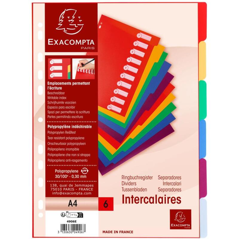 Intercalaires polypropylène opaque semi rigide 6 positions - A4 - Couleurs assorties