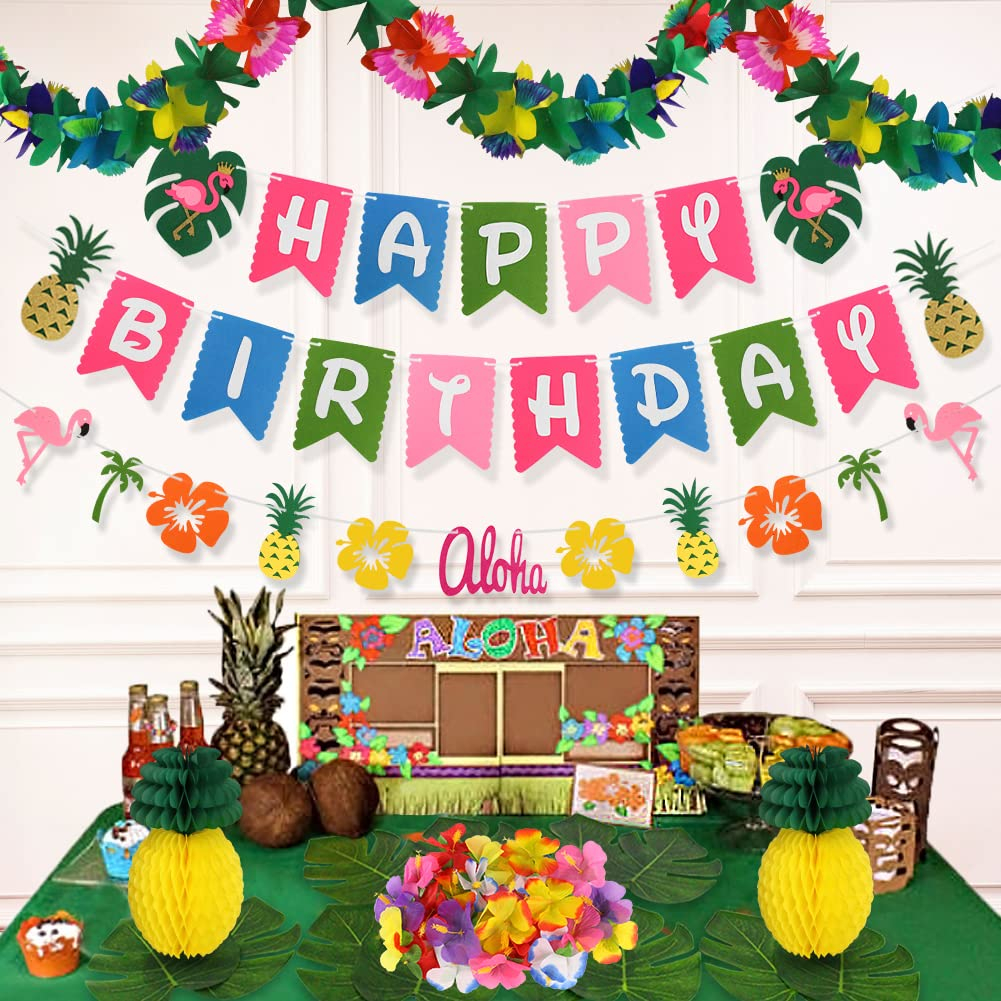 (41-tlg. Set) Sommer Geburtstags Party Deko / Happy Birthday Girlande / Ananas Pompon's / Palmenblätter - Tropical Hawaii