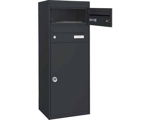 MEFA pakketbrievenbus, gepoedercoat staal, BxHxD 410/1025/325 mm, Mana 482, zwartgrijs RAL 7021, zijdemat, toegang aan de voorzijde, 3 compartimenten met 2 naamplaatjes