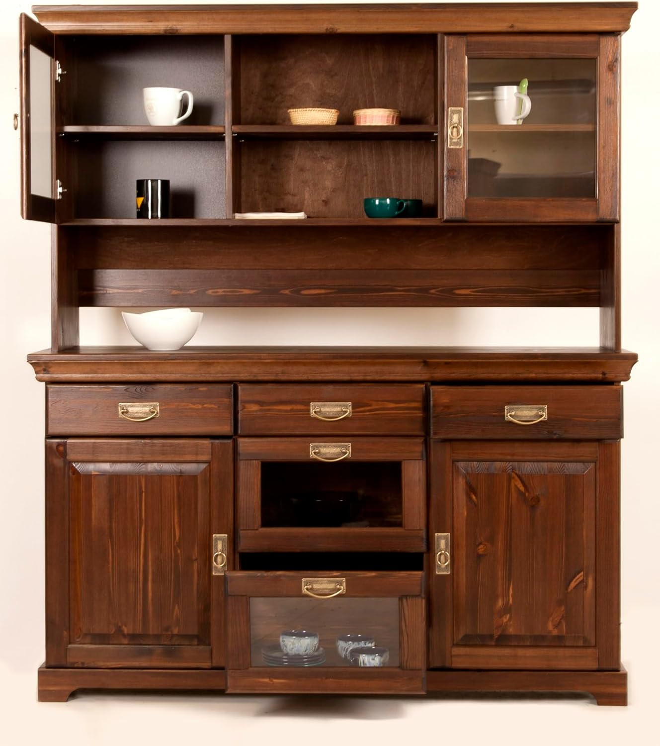 clever-moebel Buffet, Sideboard, Kommode aus Kiefernholz, Küchen-Schrank, Anrichte (Dunkelbraun)