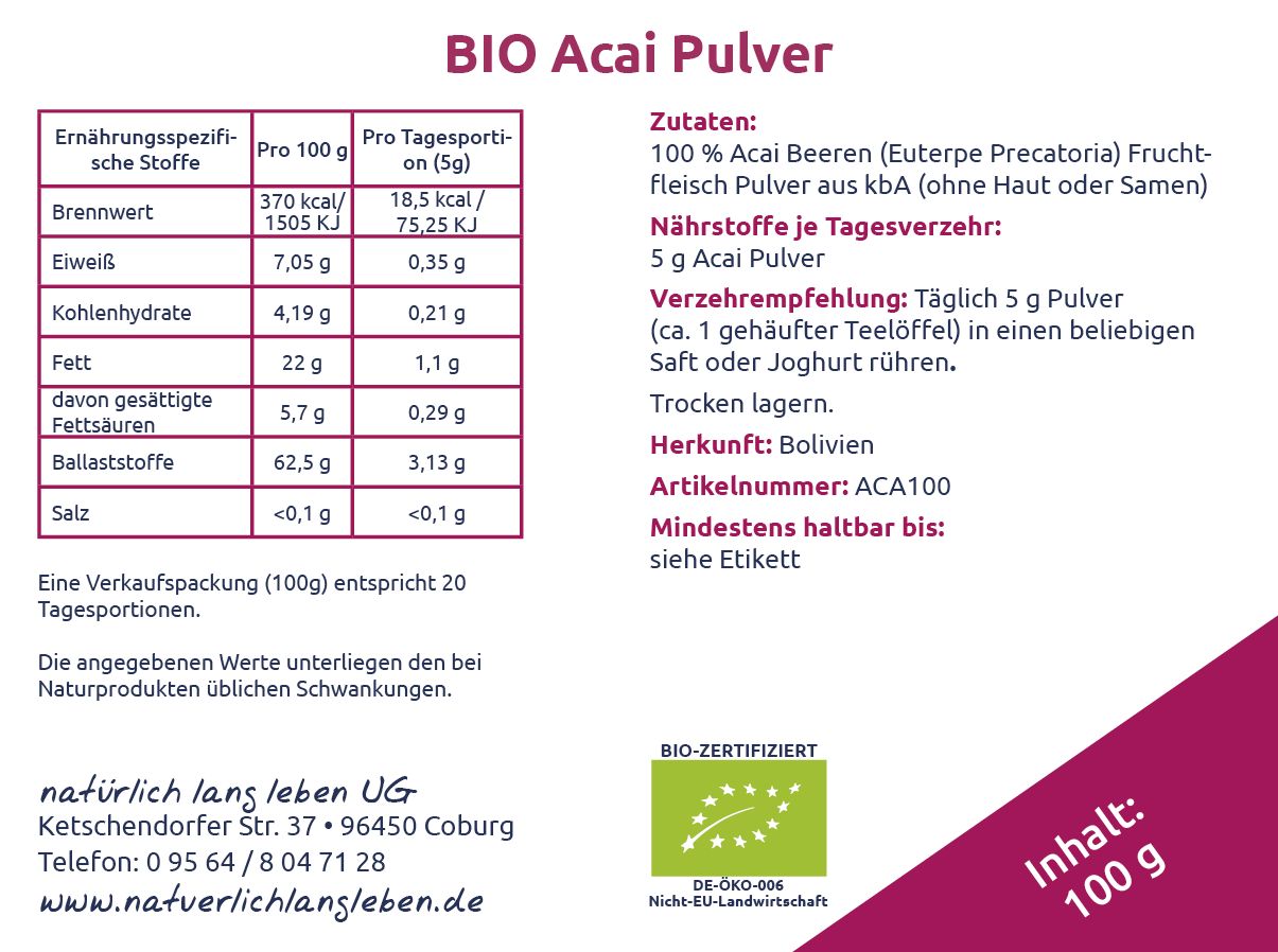 natürlich lang leben BIO Acai Pulver