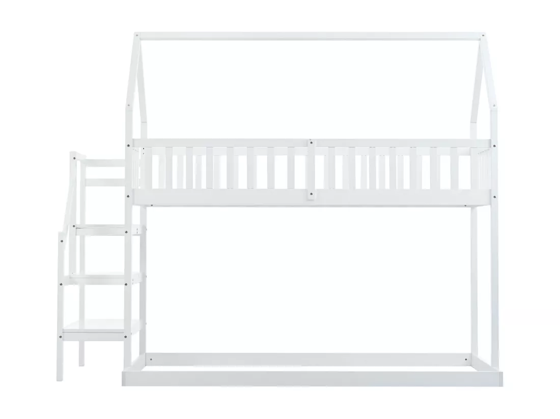 Lits superposés 90x190cm, lit enfant avec escalier, anti - chute et grille, cadre en pin, blanc