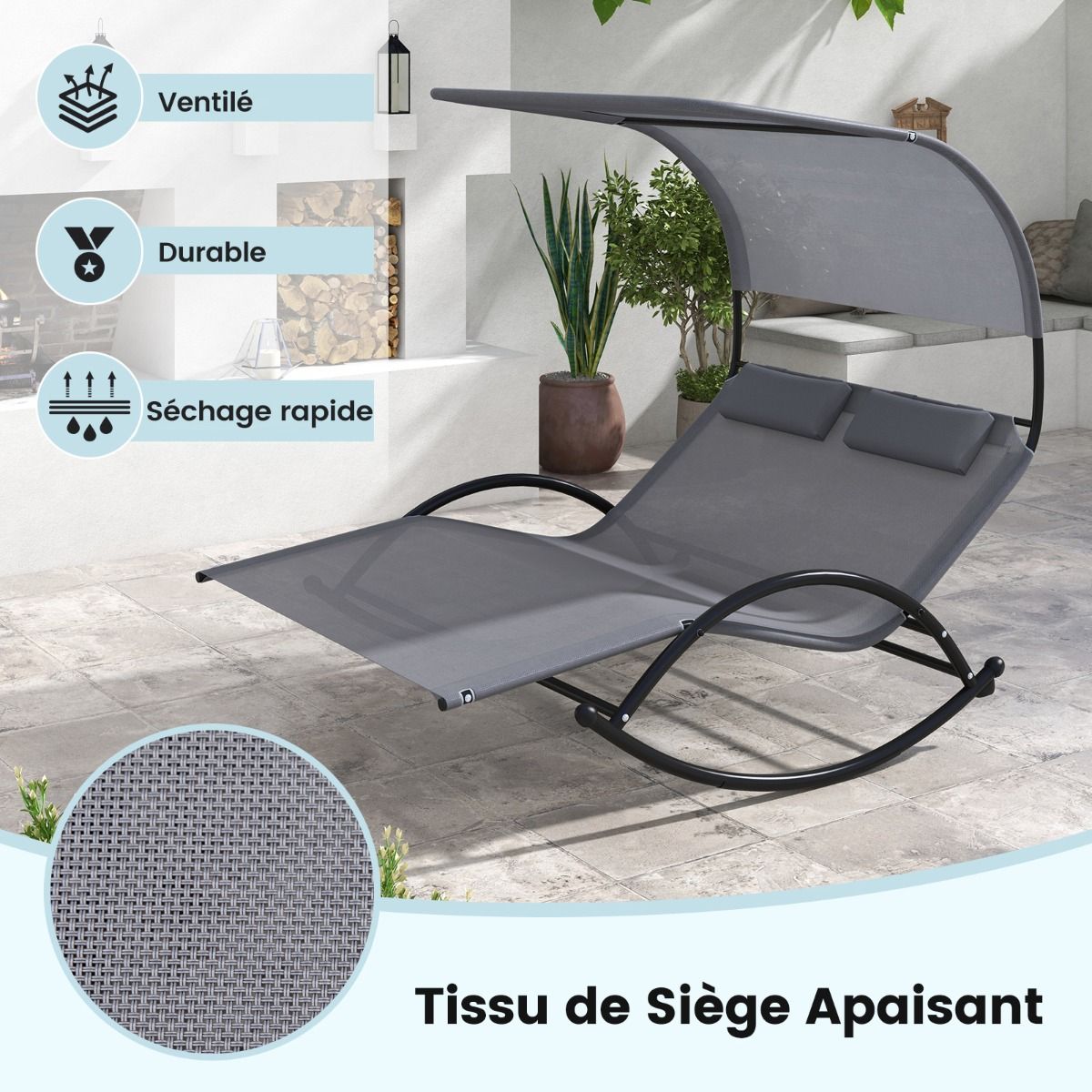 Chaise Longue Double Chaise à Bascule pour 2 Personnes 2 Appui-Têtes Amovibles Cadre en Métal Robuste Lit de Repos Ergonomique 2 Places Gris/Noir/Beige - Lidl-Manfred