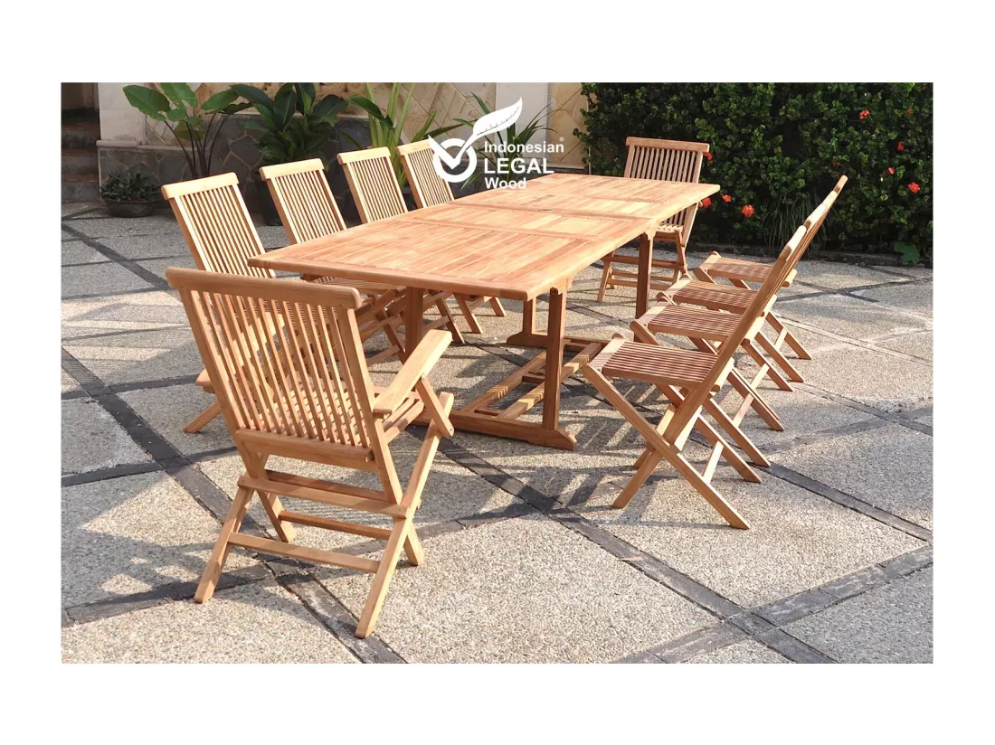 Salon de jardin Teck massif 10-12 personnes - Table rectangulaire + 8 chaises + 2 fauteuils KAJANG