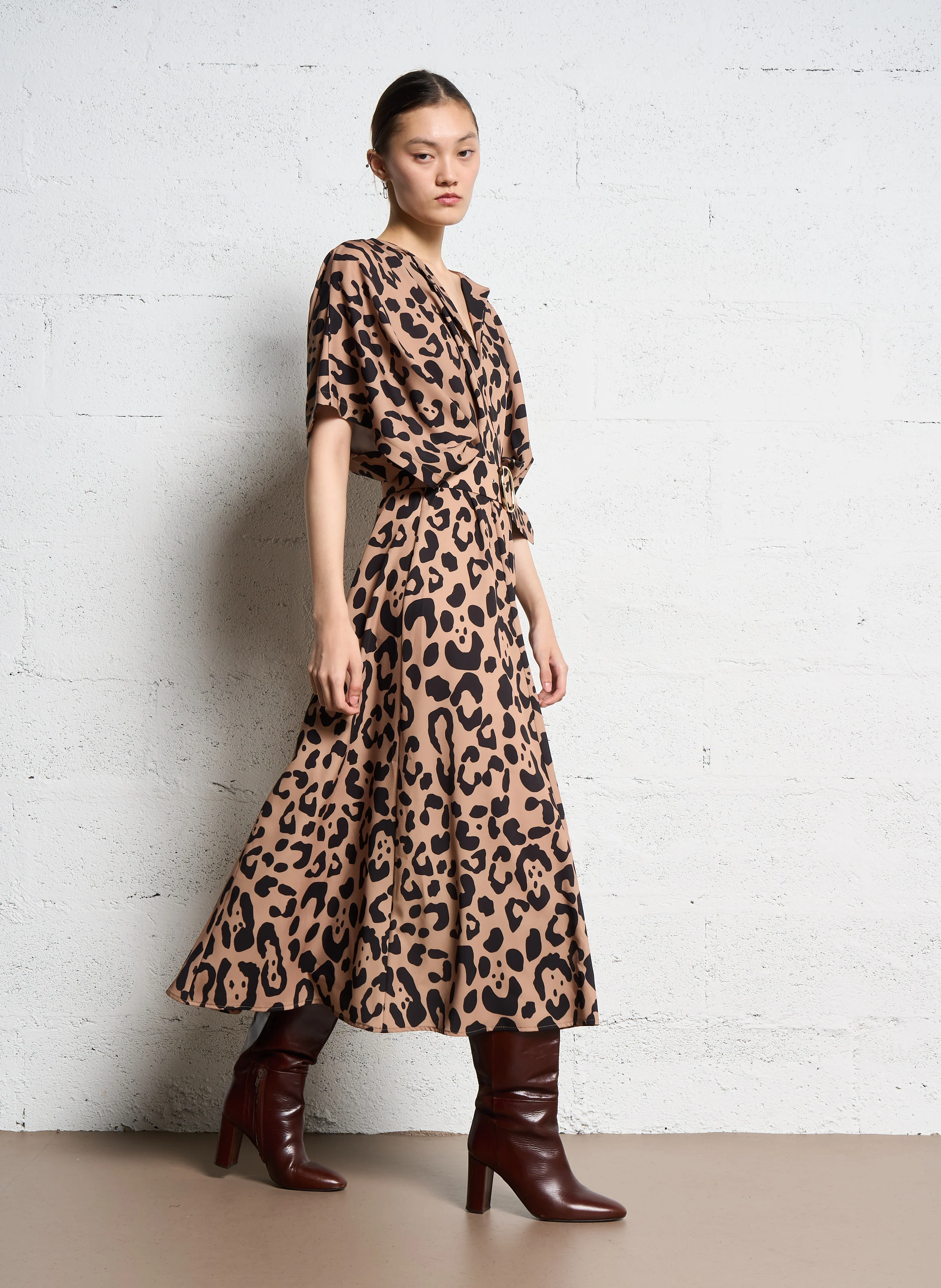 Robe midi col rond imprimé | Multicolore