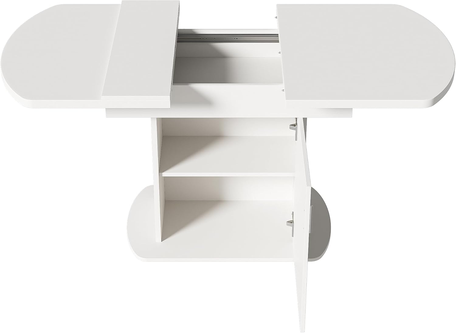 Esstisch Küchentisch Ovaler für 4-6 Personen, Esstisch Ausziehbar 110-130 x 70 cm, Esszimmertisch mit Stauraum Regal und Türen, Modern Tisch mit Tischplatte für Esszimmer Wohnzimmer (Weiß)