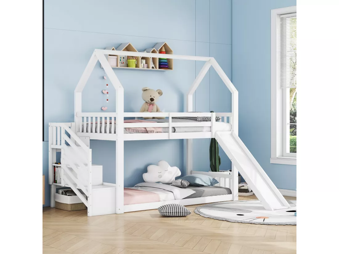 Lit superposé 90x200cm - lit cabane enfant avec escalier de rangement et toboggan, 1x sommier à lattes - blanc