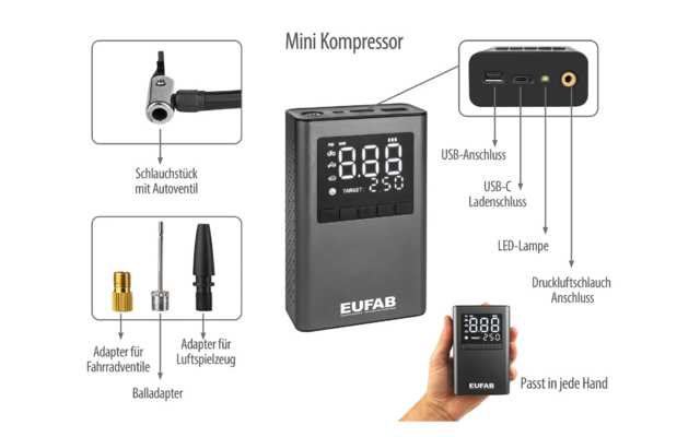 Eufab batteriebetriebener Mini Kompressor mit integrierter Powerbank 800 mAh