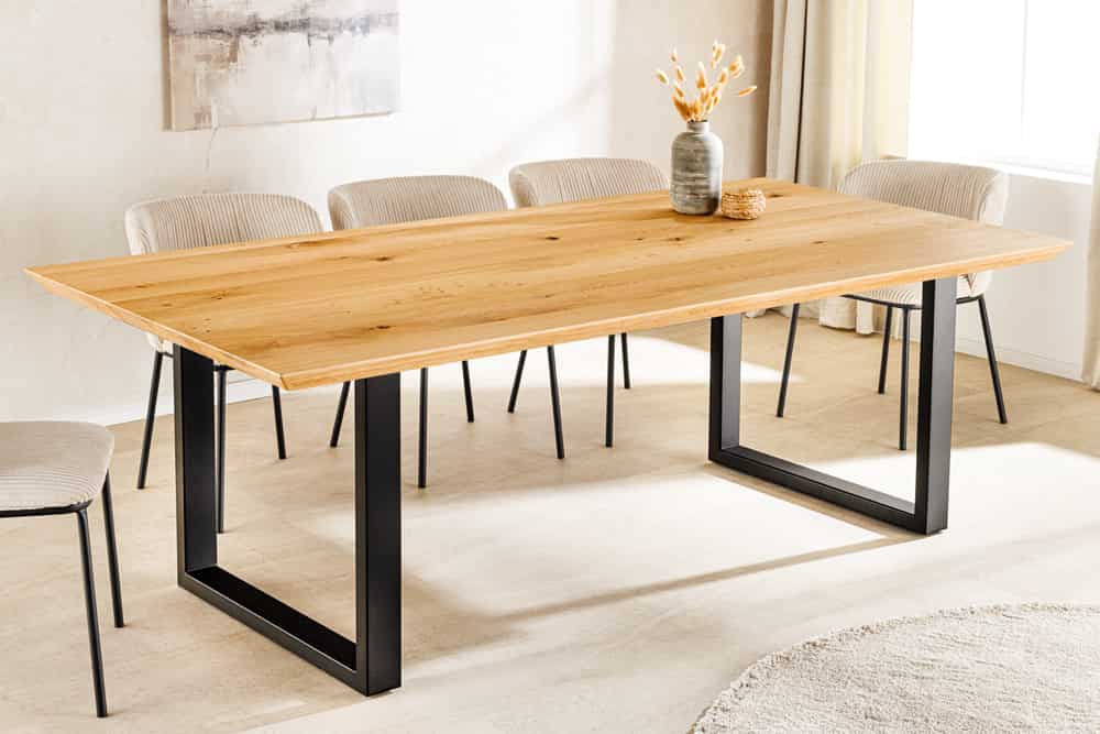 Massivholz Esstisch WILD OAK 200cm natur Wildeiche Schweizer Kante Metall U-Gestell