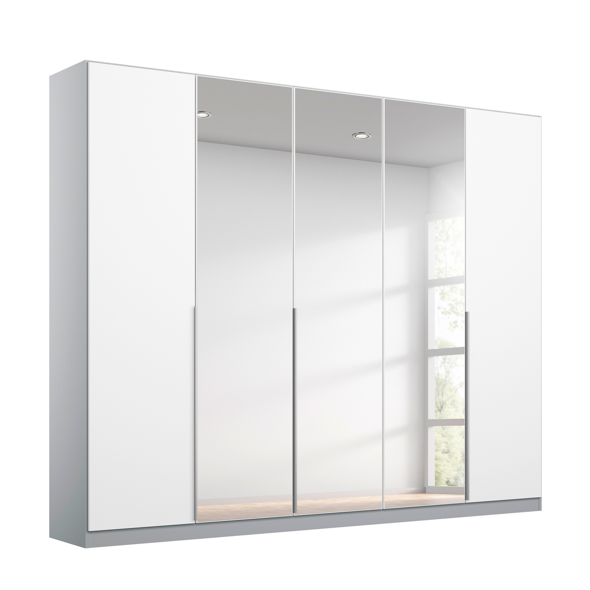 Drehtürenschrank - alpinweiß-seidengrau - Kristallglasspiegel - 5-türig - 226x210 cm