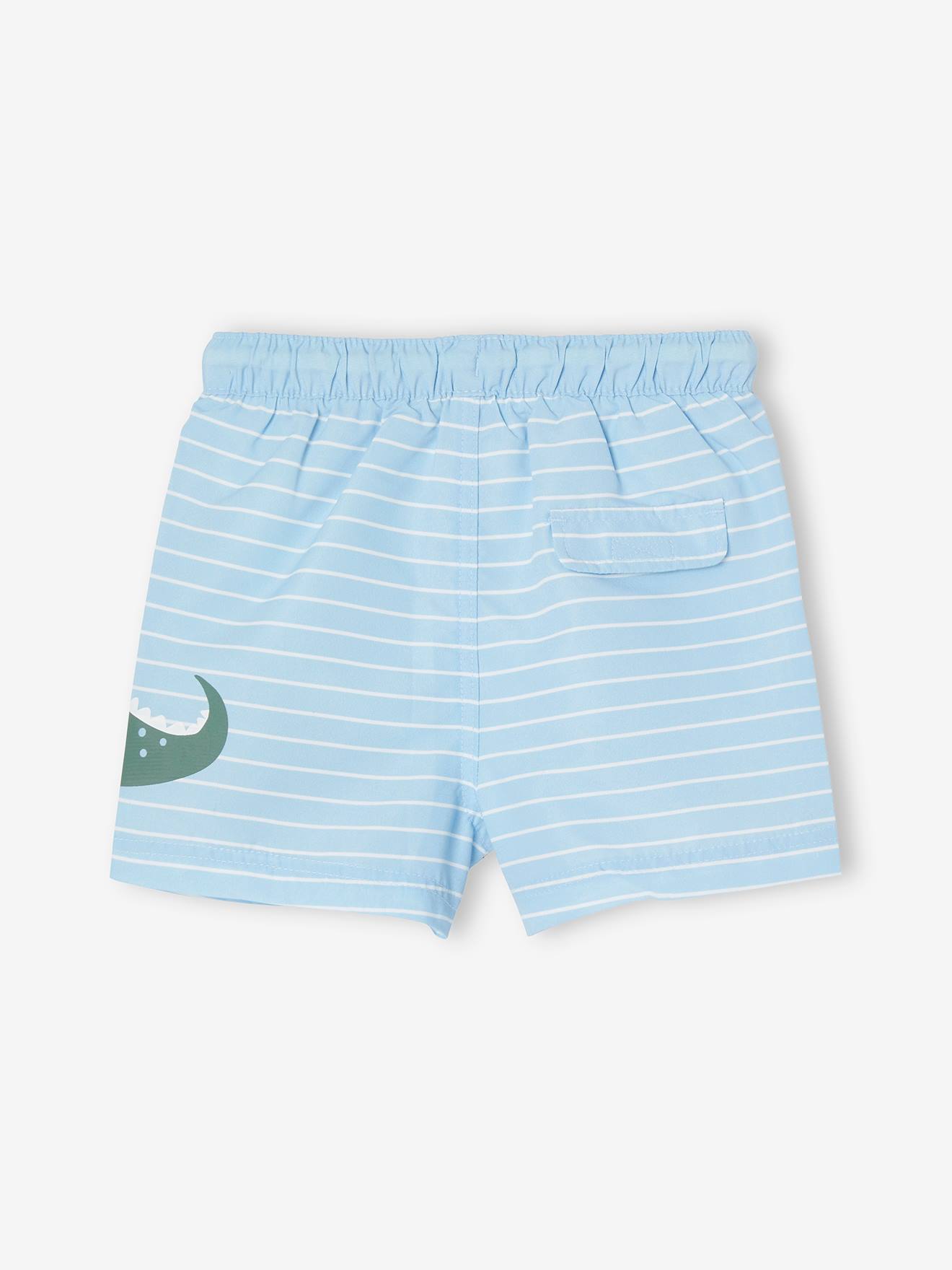 Calção de banho infantil azul listrado com estampa de crocodilo.
