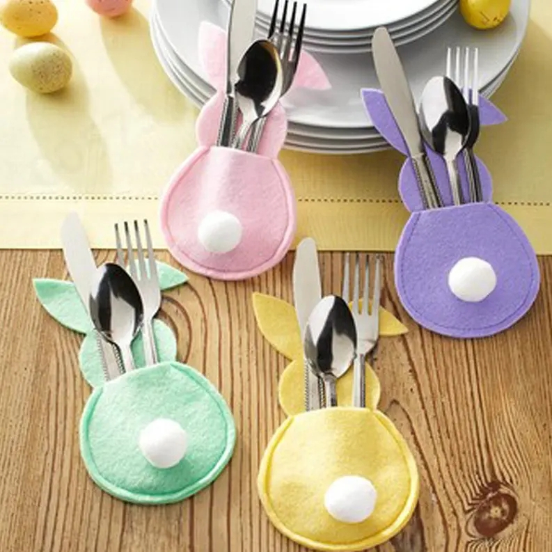 (4er Set) Filz Osterhase Besteck Tasche Oster Party Tisch Deko für Messer / Gabel / Löffel - Blau