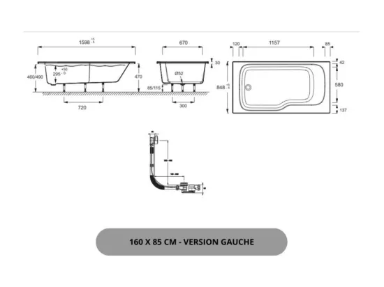 Baignoire bain douche JACOB DELAFON Malice antidérapante + pare bain 160 x 85, version gauche