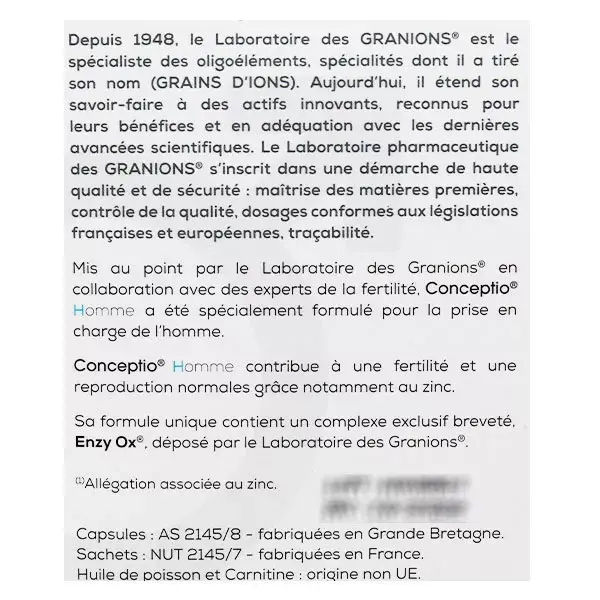 Granions Conceptio Homme fertilité 90 capsules et 30 sachets