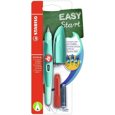 Ergonomischer Schulfüller für Rechtshänder mit Anfänger-Feder A - STABILO EASYbirdy Pastel Edition in aqua grün/mint - Einzelstift - inklusive Patrone und Einstellwerkzeug - Schreibfarbe blau (löschbar)