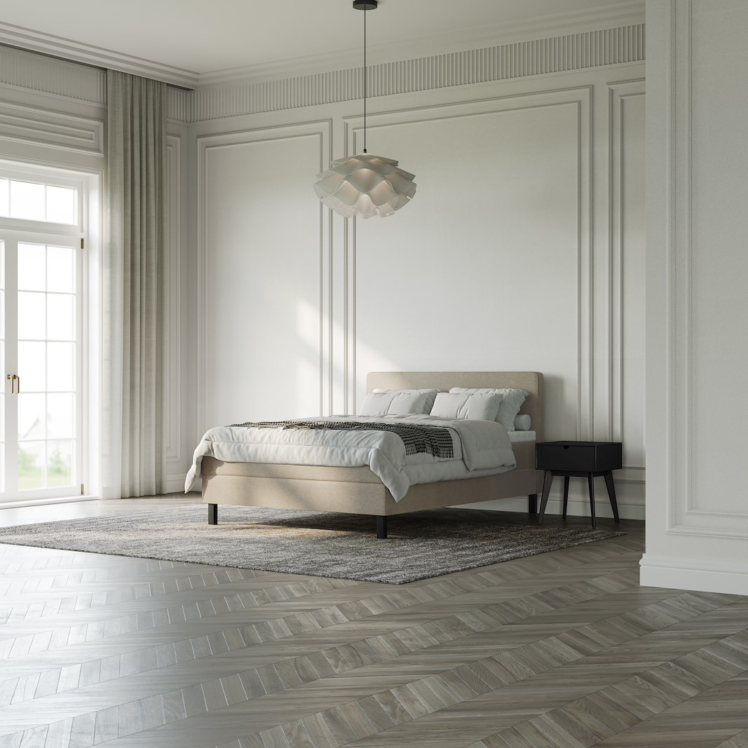 Copenhagen kontinentalseng 150x200 cm Tekstil Mito 05 beige. Medium/fast, med copenhagen latex overmadrass og sorte firkantet ben, gavl selges separate.
