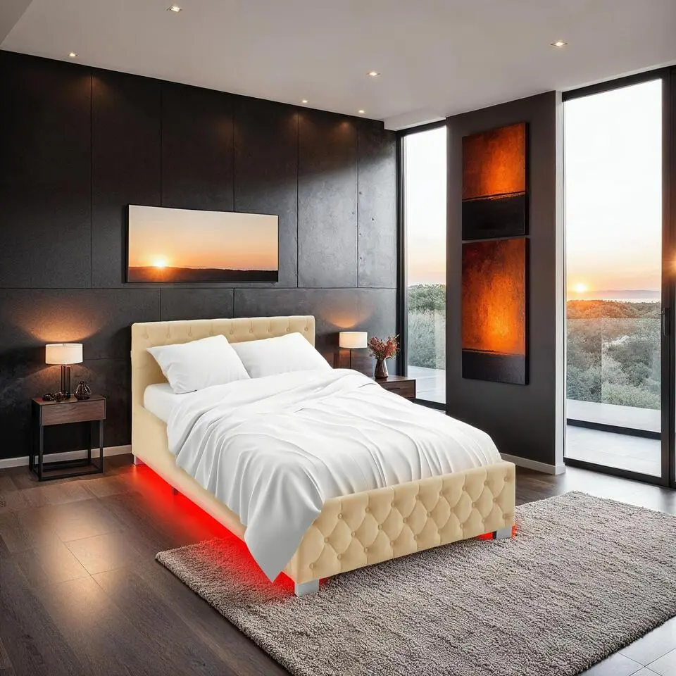 tectake Gestoffeerd bed met LED & opbergruimte, 120 x 200 cm, Beige